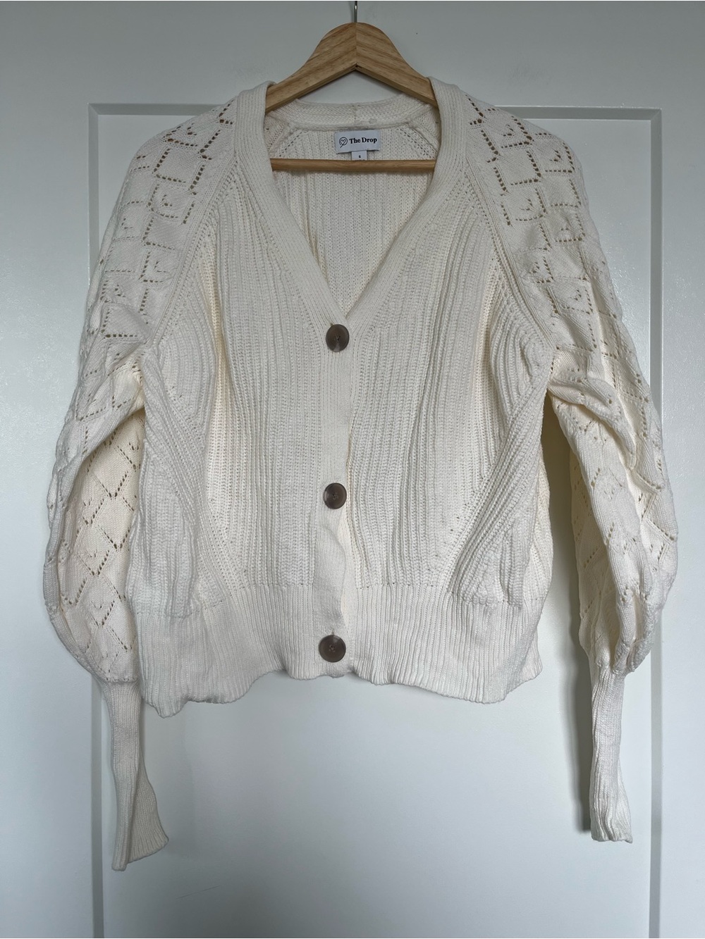 The Drop Cream 100% Cotton Pointelle Sleeve Chunky Knit Cardigan Size Small